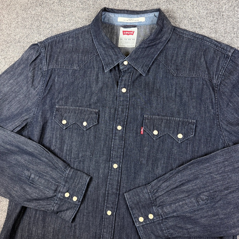 Levis Shirt Mens 2XL Blue Dark Wash Denim Pearl Snap Western Long Sleeve